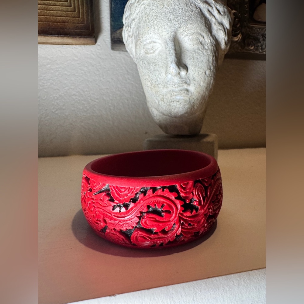 Red Cinnabar Style Carved Lacquer Bangle Bracelet‎ Dragon Motif Vintage Jewelry